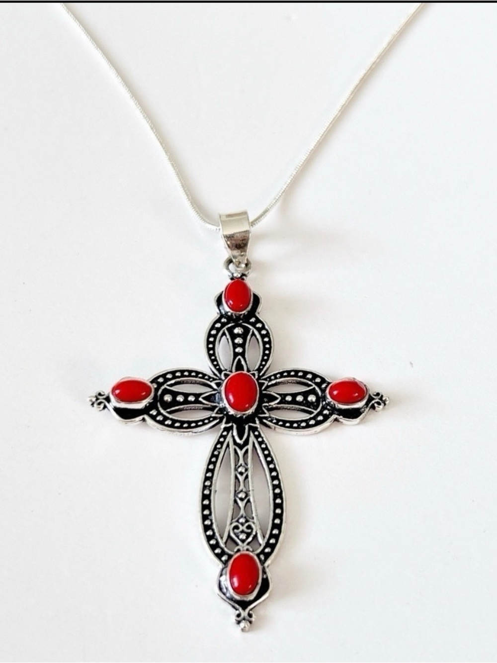 925 Sterling Silver Coral Cross Necklace Gemstone womens jewerly